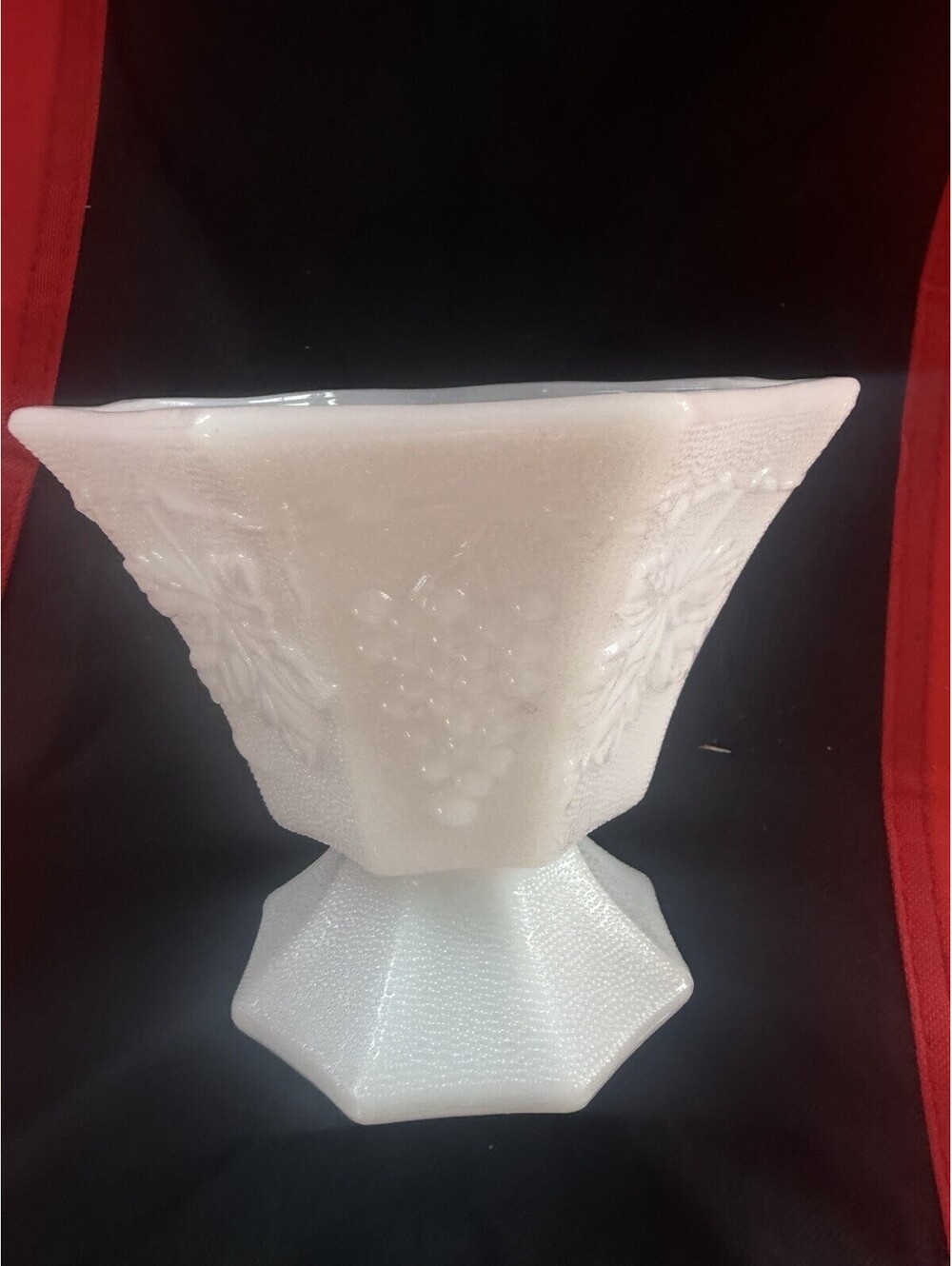 Anchor Hocking Milk Glass candy dish w/ grape leaves. 5" x 6" Hexagonal